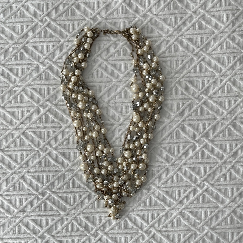 Multi-Strand Pearl and Crystal Statement Necklace - Ivory and Gold